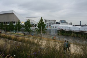 a group of people walking in a park