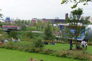a group of people in a park
