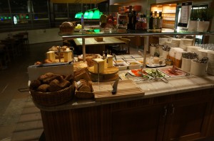 a buffet table with food on it