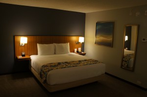 a hotel room with a bed and a painting