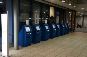 a row of blue machines