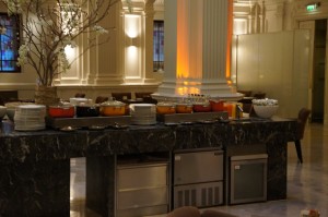 a buffet table with food on it
