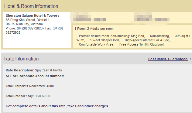 Alt text: A screenshot of a hotel booking confirmation page. The top section titled "Hotel & Room Information" provides details about the Sheraton Saigon Hotel & Towers located at 88 Dong Khoi Street, District 1, Ho Chi Minh City, Vietnam. The contact information includes a phone number and fax number. The room details indicate a premier deluxe room for 2 adults, featuring a king bed, non-smoking, 398 sq ft / 37 m², Sweet Sleeper Bed, high-speed internet for a fee, comfortable work area, and free access to the health club/pool. The bottom section titled "Rate Information" shows the rate description as "Spg Cash & Points," with 4000 total Starpoints redeemed and a total rate for the stay of USD 60.00. There is a link to get complete details about the rate, taxes, and other charges.