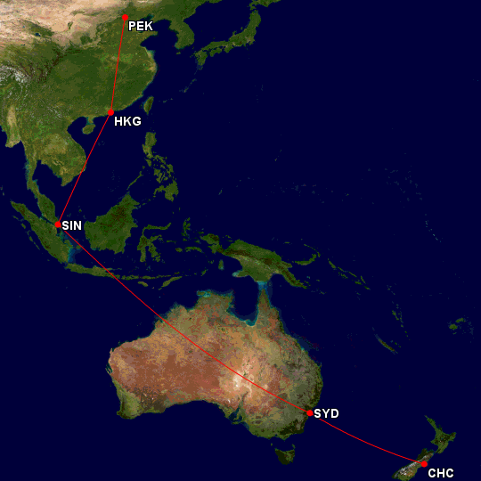 A map of the Asia-Pacific region showing flight routes connecting five cities. The cities marked on the map are Beijing (PEK), Hong Kong (HKG), Singapore (SIN), Sydney (SYD), and Christchurch (CHC). Red lines indicate the flight paths between these cities.