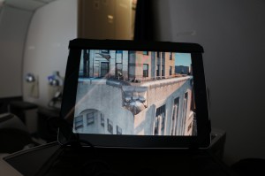 a screen with a picture of a building