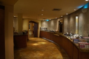 a room with a buffet line