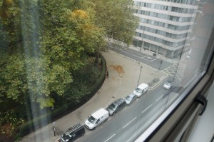 a view from a window of a city street