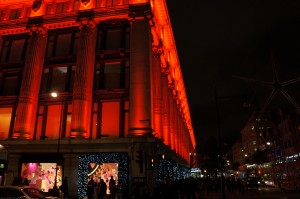 a building with red lights