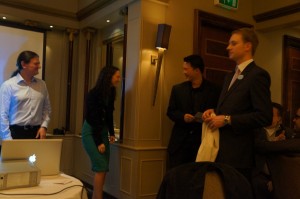 a group of people standing in a room