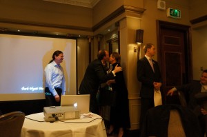 a group of people standing in a room