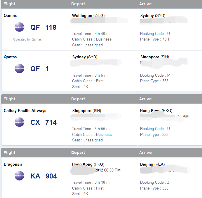 The image shows a list of flight details for four different flights. Each entry includes the airline, flight number, departure and arrival locations, travel time, cabin class, seat assignment, booking code, and plane type. The details are as follows:
1. Qantas Flight QF 118:
- Depart: Wellington (WLG)
- Arrive: Sydney (SYD)
- Travel Time: 3 hours 40 minutes
- Cabin Class: Business
- Seat: Unassigned
- Booking Code: U
- Plane Type: 73H
2. Qantas Flight QF 1:
- Depart: Sydney (SYD)
- Arrive: Singapore (SIN)
- Travel Time: 8 hours 5 minutes
- Cabin Class: First
- Seat: 2K
- Booking Code: P
- Plane Type: 388
3. Cathay Pacific Airways Flight CX 714:
- Depart: Singapore (SIN)
- Arrive: Hong Kong (HKG)
- Travel Time: 3 hours 55 minutes
- Cabin Class: Business
- Seat: Unassigned
- Booking Code: U
- Plane Type: 333
4. Dragonair Flight KA 904:
- Depart: Hong Kong (HKG)
- Arrive: Beijing (PEK)
- Travel Time: 3 hours 10