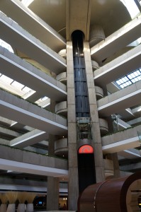 a parking garage with a lift