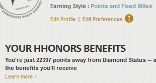 Screenshot of a Hilton Honors (HHonors) account page showing the user's benefits. The text indicates that the user is 22,397 points away from achieving Diamond Status. There are options to "Edit Profile" and "Edit Preferences," and a link to "Learn more" about the benefits. The earning style is set to "Points and Fixed Miles."