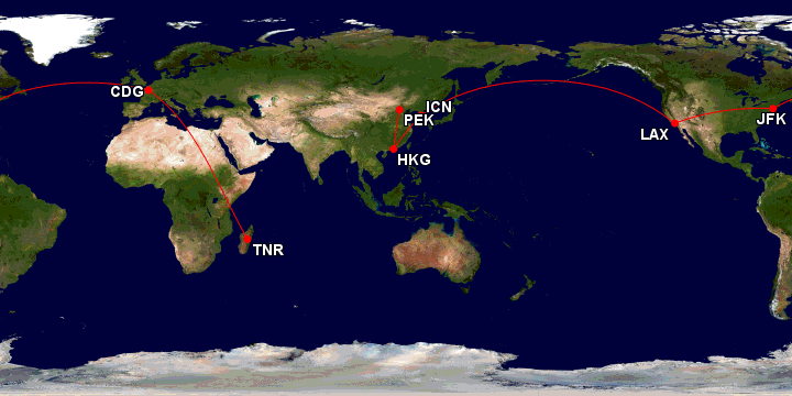 This image is a world map showing flight routes between several major cities. The cities marked on the map with red dots and labels are:
- CDG (Paris Charles de Gaulle Airport)
- TNR (Antananarivo Airport)
- PEK (Beijing Capital International Airport)
- ICN (Incheon International Airport)
- HKG (Hong Kong International Airport)
- LAX (Los Angeles International Airport)
- JFK (John F. Kennedy International Airport)
Red lines connect these cities, indicating the flight paths between them.