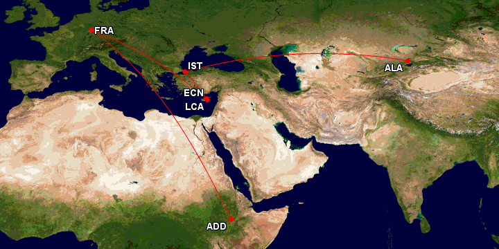 A map showing flight routes between various cities. The cities marked on the map are FRA (Frankfurt, Germany), IST (Istanbul, Turkey), ECN (Ercan, Cyprus), LCA (Larnaca, Cyprus), ADD (Addis Ababa, Ethiopia), and ALA (Almaty, Kazakhstan). Red lines connect these cities, indicating the flight paths between them.