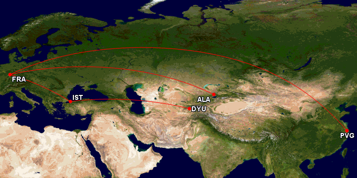 A map showing flight routes between several cities in Europe and Asia. The cities marked on the map are Frankfurt (FRA) in Germany, Istanbul (IST) in Turkey, Almaty (ALA) in Kazakhstan, Dushanbe (DYU) in Tajikistan, and Shanghai (PVG) in China. Red lines indicate the flight paths connecting these cities.