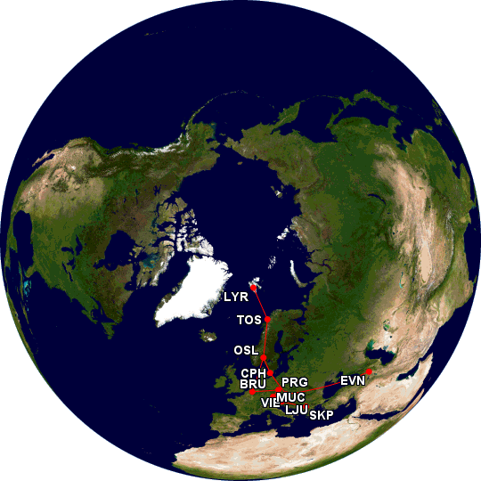 This image is a map of the Earth centered on the North Pole, showing various flight routes between cities in Europe and Asia. The cities are marked with red dots and connected by red lines. The city codes visible on the map include LYR, TOS, OSL, CPH, BRU, PRG, VIE, MUC, LJU, SKP, and EVN. The map highlights the geographical locations and connections between these cities.