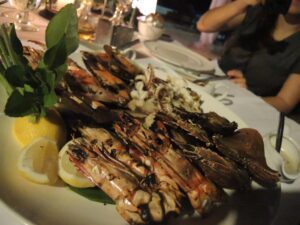 a plate of seafood on a table