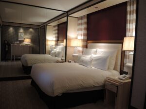 a hotel room with a large bed