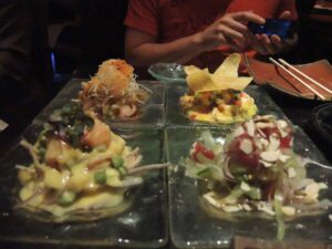 a group of plates of food