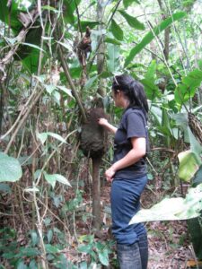 a woman standing in the woods