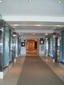 a long hallway with a door open