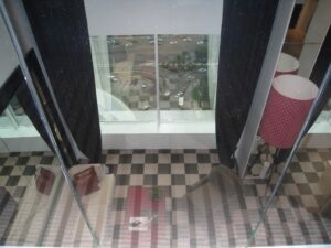 a view from the window of a bathroom