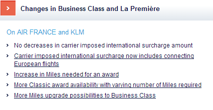Alt text: A screenshot of a webpage section titled "Changes in Business Class and La Première." The section lists updates for Air France and KLM, including no decreases in carrier-imposed international surcharge amount, carrier-imposed international surcharge now includes connecting European flights, increase in miles needed for an award, more classic award availability with varying number of miles required, and more miles upgrade possibilities to Business Class.