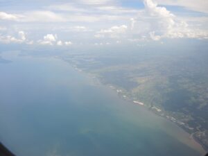 aerial view of a body of water and land