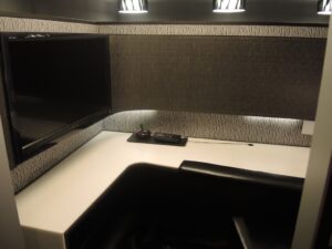 a desk with a black and white desk