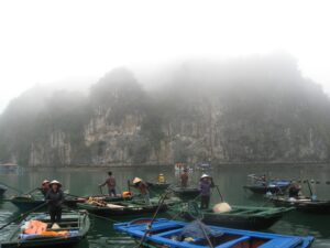 a group of people in boats on water