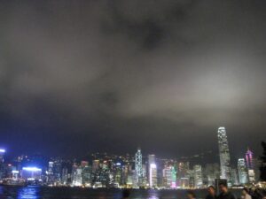 a city skyline at night