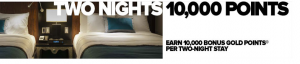 The image shows a hotel room with two neatly made beds, each with white linens and a blue accent pillow. Between the beds is a nightstand with a lamp, a phone, and an alarm clock. The text on the image reads "TWO NIGHTS 10,000 POINTS" in large, bold letters. Below that, it says "EARN 10,000 BONUS GOLD POINTS PER TWO-NIGHT STAY" in smaller text.