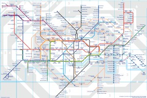 a map of a subway system with London Underground in the background