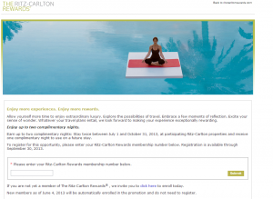 Alt text: A promotional image for The Ritz-Carlton Rewards program. The top of the image features a serene scene of a person meditating on a red mat, floating on a calm pool of water with reflections of palm trees. Below the image, there is text detailing an offer for two complimentary nights at participating Ritz-Carlton properties, valid between July 1 and October 31, 2011, with registration required by June 30, 2011. There are instructions for entering a Ritz-Carlton Rewards membership number and a link for non-members to join the program.