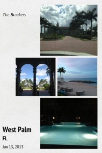 The image is a collage of four photographs with the text "The Breakers" at the top left and "West Palm, FL, Jun 13, 2013" at the bottom left. The top photograph shows a paved area with palm trees and a building in the background under a cloudy sky. The second photograph, located below the first, shows an archway with a view of palm trees and the ocean. The third photograph, to the right of the second, depicts a beach scene with a rocky shoreline and a calm sea under a colorful sky. The fourth photograph, at the bottom, shows a lit swimming pool at night.