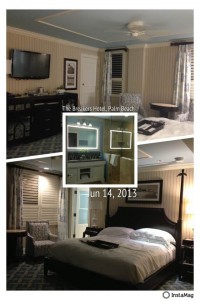 This image is a collage of three photos showcasing a hotel room. The top photo shows a wall-mounted TV, a cabinet, and a door. The middle photo is a close-up of a bathroom sink and mirror. The bottom photo shows a bed with a headboard, a nightstand with a lamp, and a chair next to a window with curtains. Text on the image reads "The Breakers Hotel, Palm Beach" and "Jun 14, 2013."