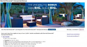 The image is a promotional advertisement for Marriott Rewards' Unexpected Bonus. The top part of the image features an outdoor lounge area with modern furniture, including sofas and chairs, surrounded by palm trees and plants. The text on the image reads, "THE UNEXPECTED BONUS. EARN BIG. REALLY BIG." Below the image, there is information about joining Marriott Rewards and registering for the Unexpected Bonus, with details on how to earn free nights at Marriott hotels. There are also links for more details, registration, and signing in for existing members. The promotion is valid for stays between May 15, 2013, and September 2, 2013, with registration required by July 31, 2013.