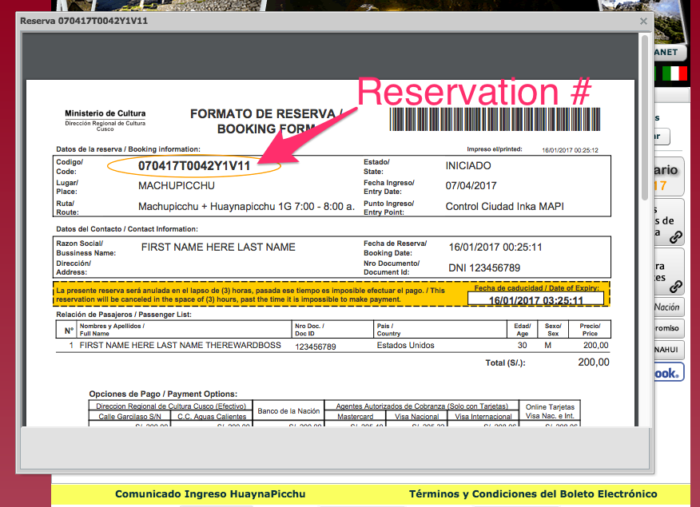 Machu PIcchu Reservation Number