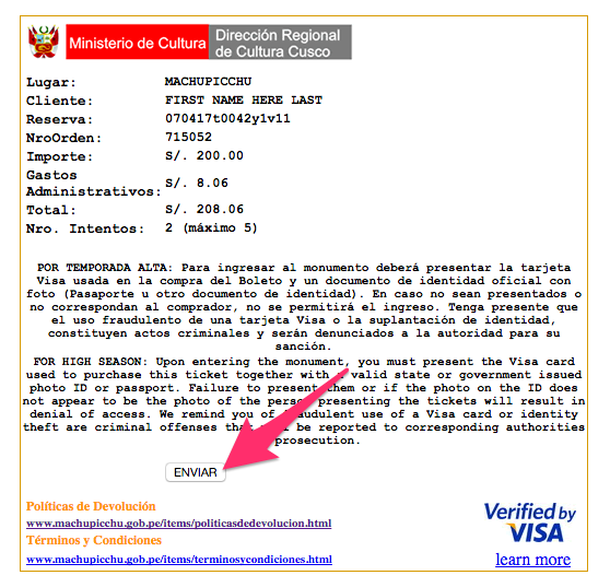 Machu Picchu Tickets - confirm details of order