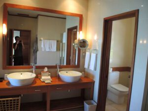 a bathroom with two sinks