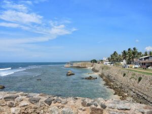 a body of water with a stone wall and palm trees