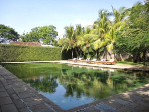 a pool with lounge chairs and trees