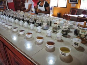 a table with cups of tea and other teas
