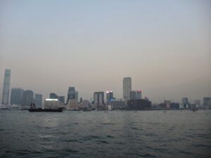 a city skyline in the water