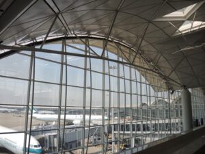 a glass window in an airport