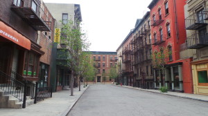 a street with buildings and trees