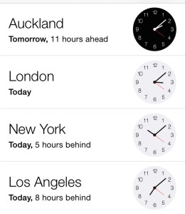 a screenshot of a phone showing different time zones