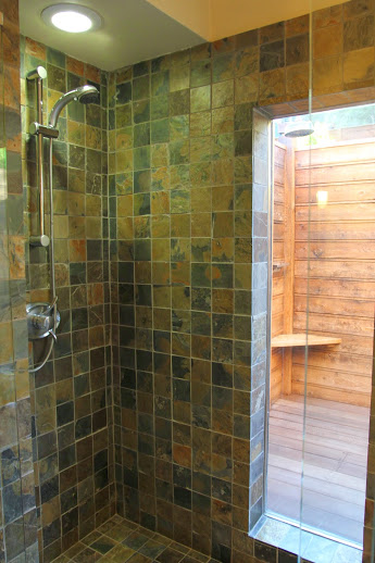 a shower with a glass door