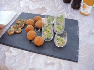 a plate of food on a marble surface